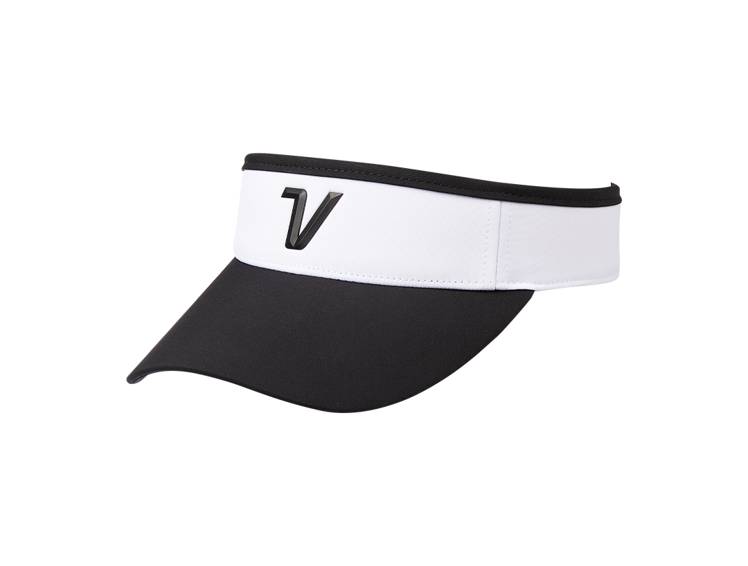A black and white performance women's visor with a white band and a black cap.