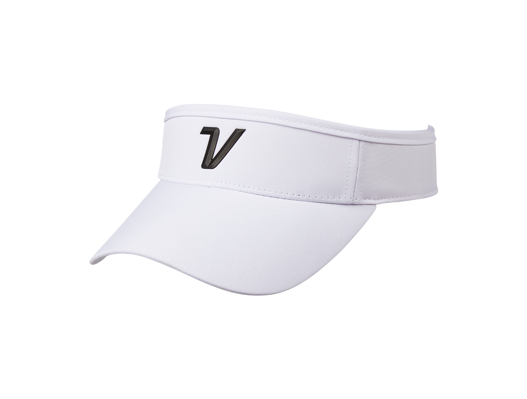 A black and white performance women's visor with a white band and a black cap.