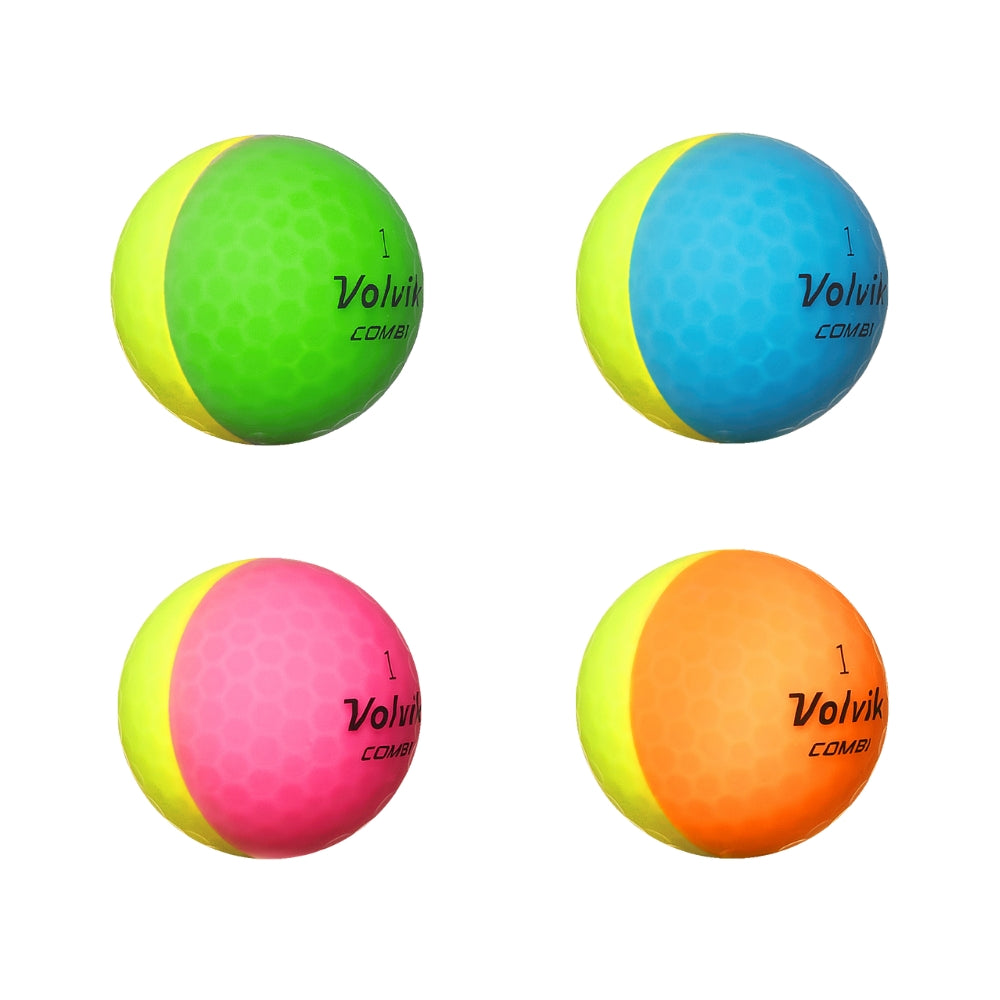 A box of Volvik VIVID Combi golf balls in multiple colors including green, blue, pink, and orange, displayed in front of a white background with colorful graphics.