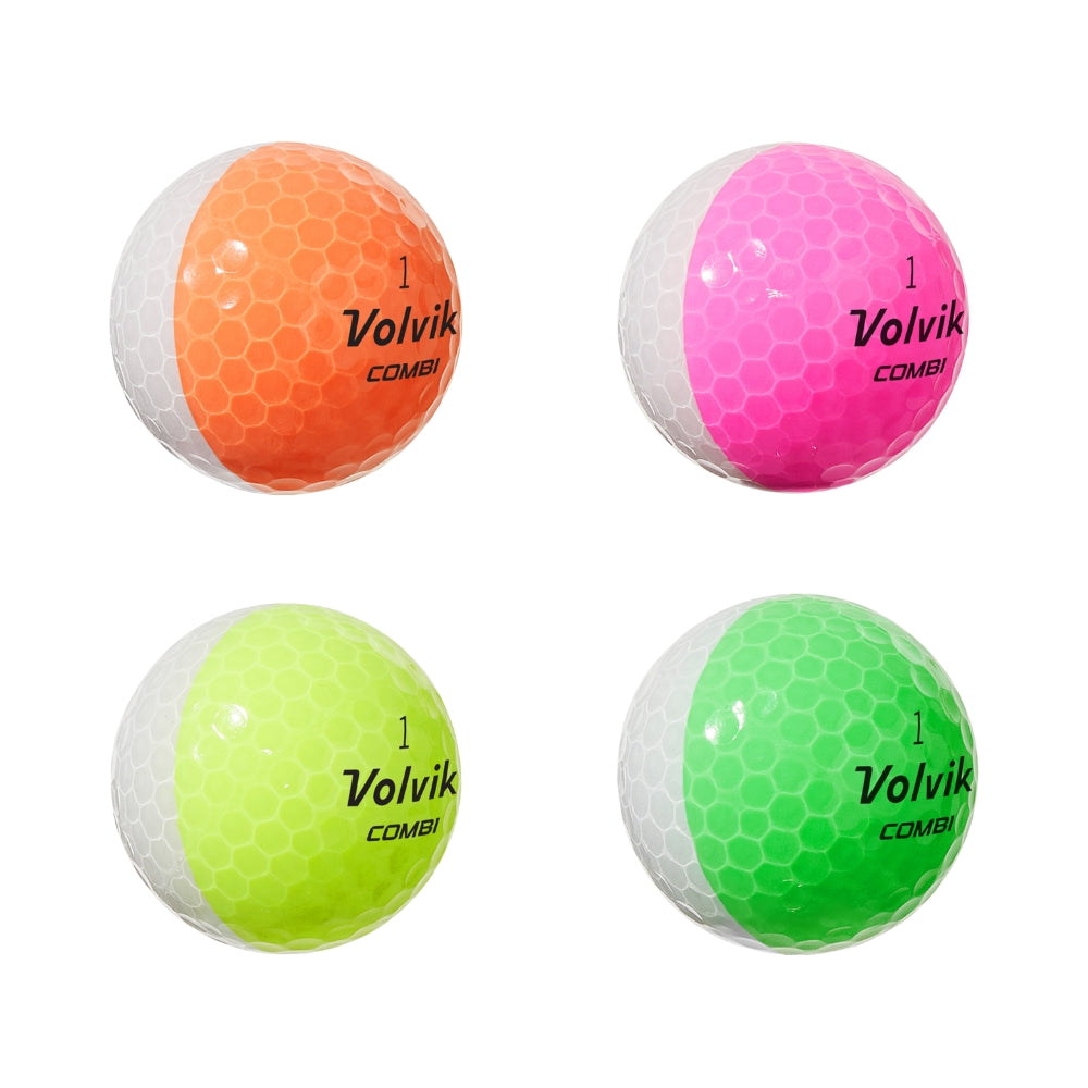 A box of Volvik Crystal Combi golf balls in multiple colors, including pink, yellow, orange, and green, displayed in front of a blue and white background.