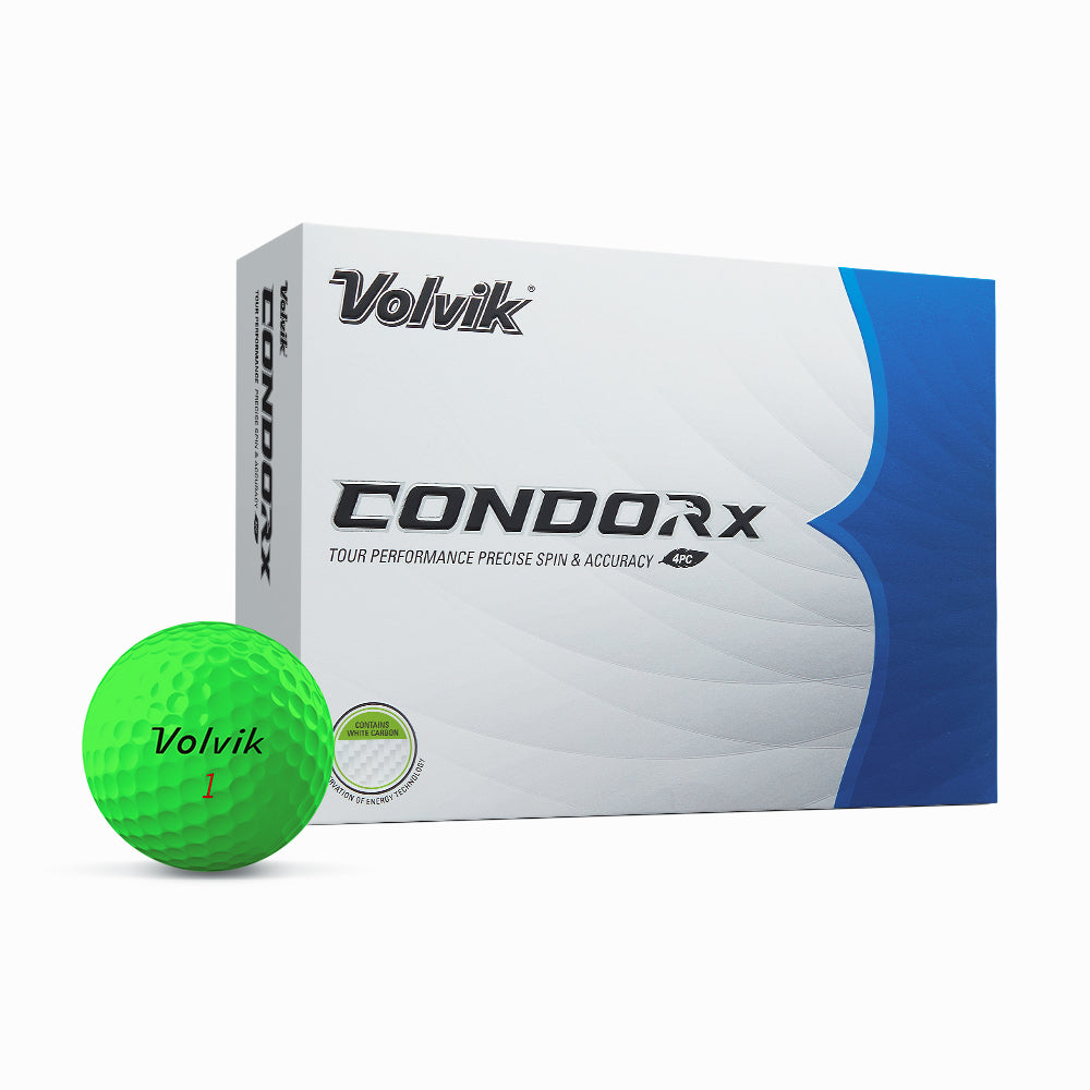 Volvik Condor X golf ball box with a green golf ball on a white background