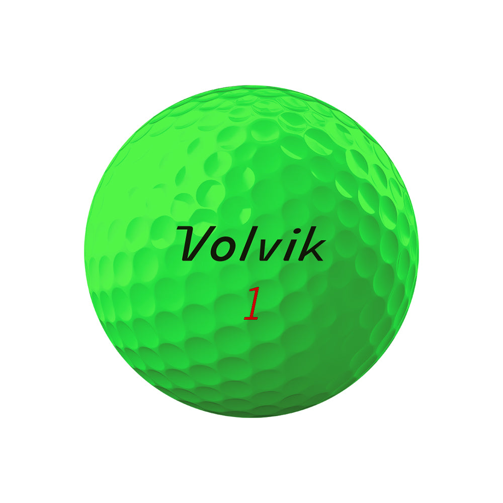 Green golf ball with 'Volvik' branding on a white background