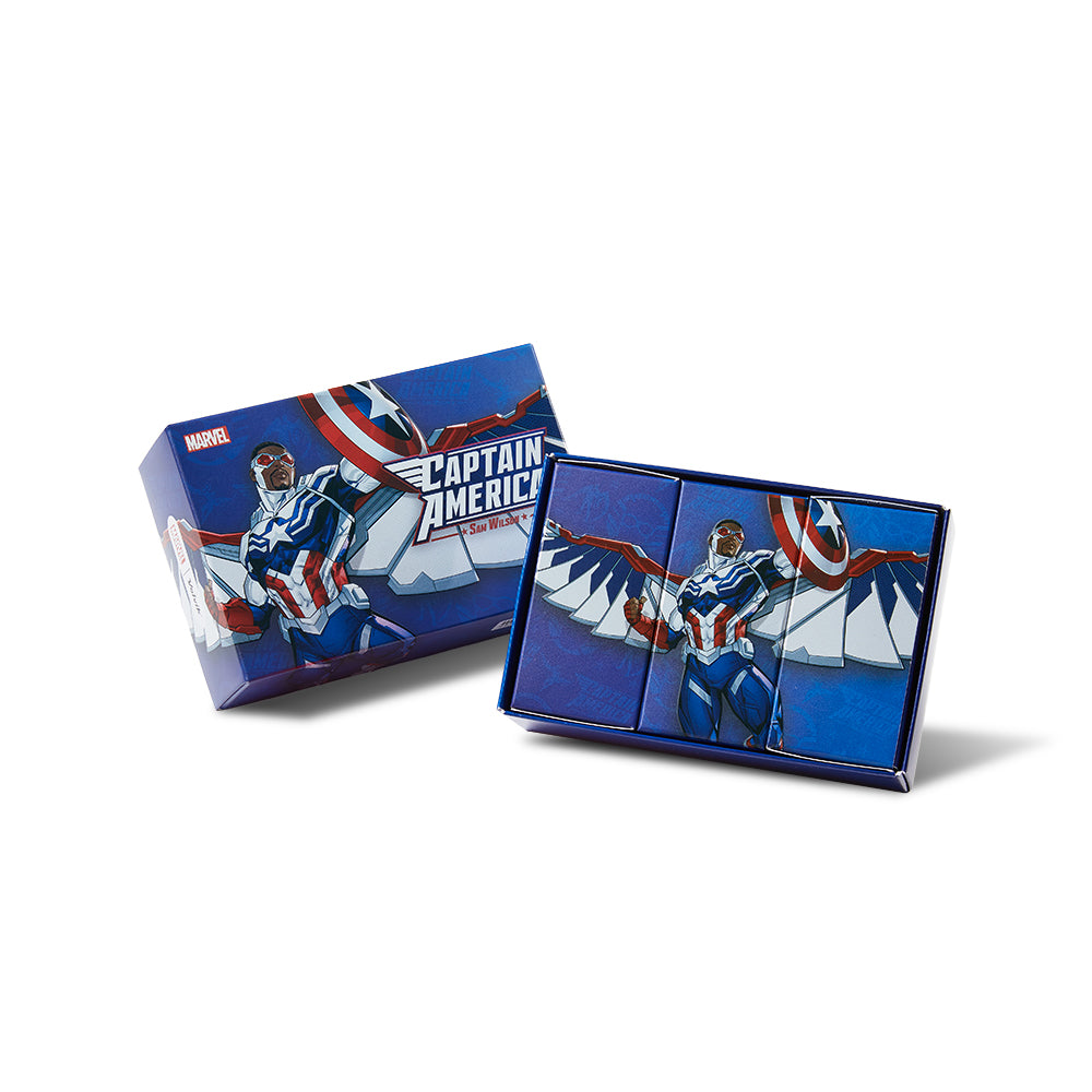 Marvel Captain America golf ball package with blue and red design on a white background