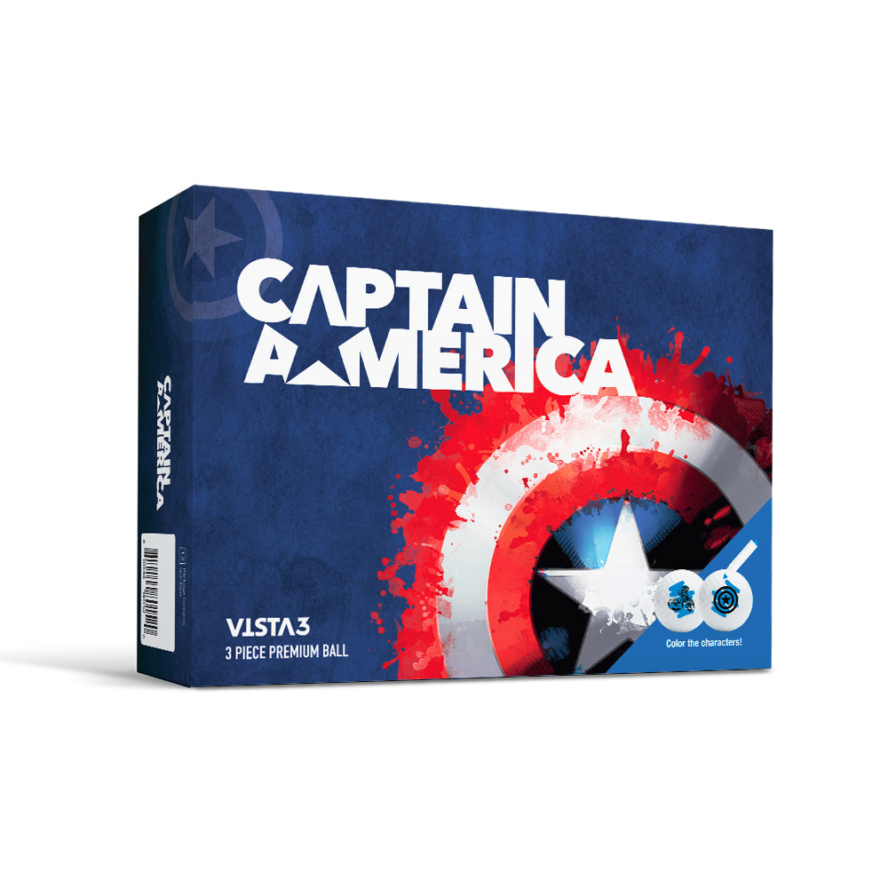 Box of Captain America-themed golf balls with shield design on a blue background