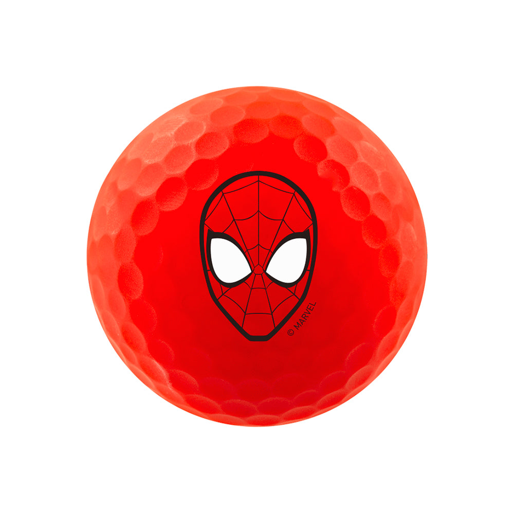Red golf ball with Spider-Man logo on a white background