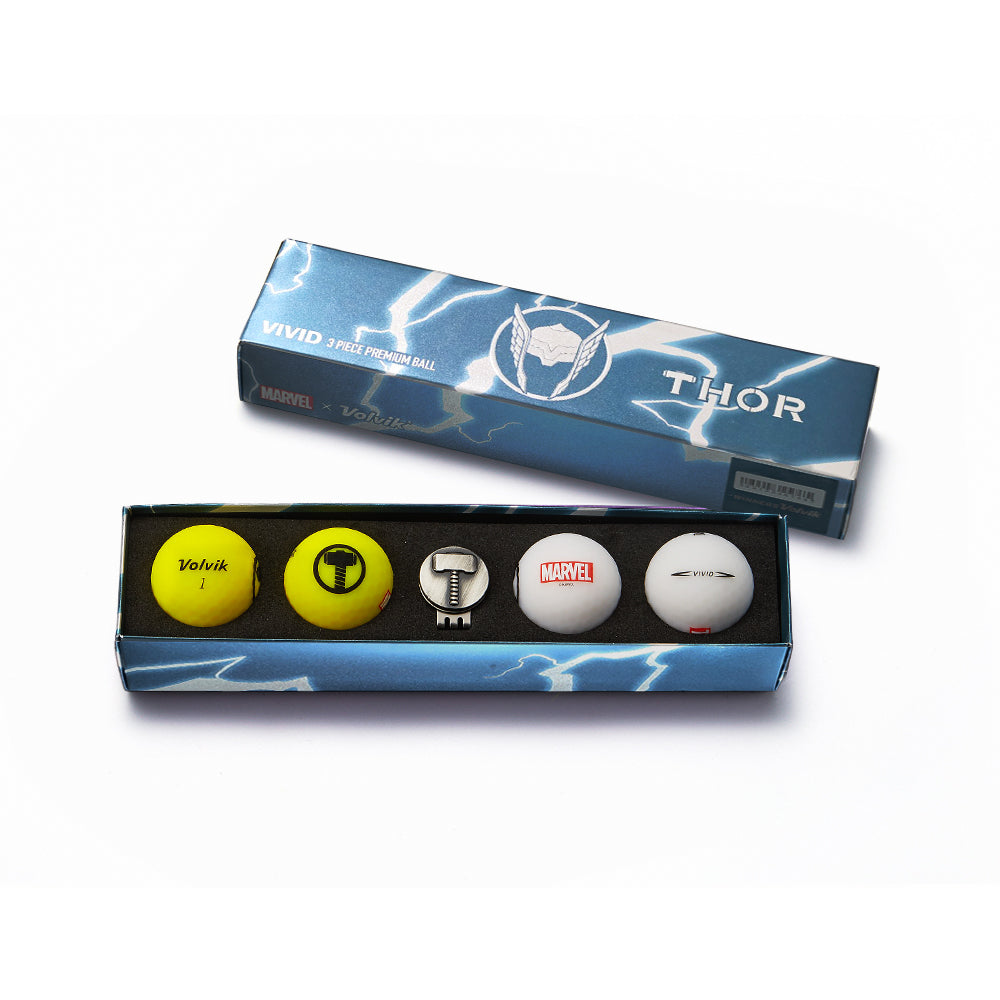 Gift set of Marvel Thor-themed balls with a blue box and white background