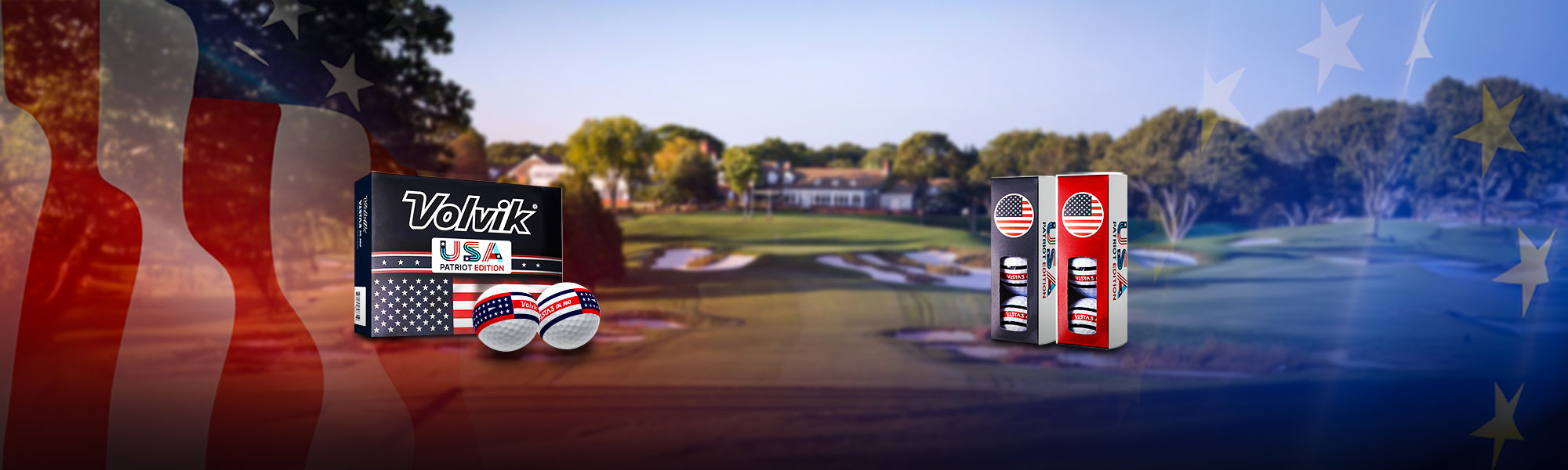 Volvik USA Patriot Edition Vista3 360 golf balls with American flag design on left and European flag design on the right on a golf course background