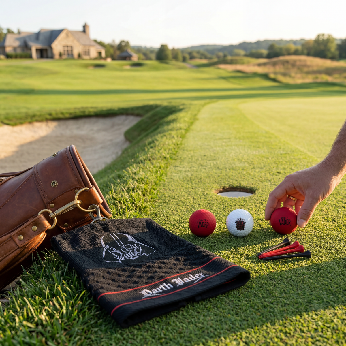 A golf-themed lifestyle scene on a green course with a brown leather golf bag, a black Darth Vader-themed towel, and several golf balls, including one being held by a hand.