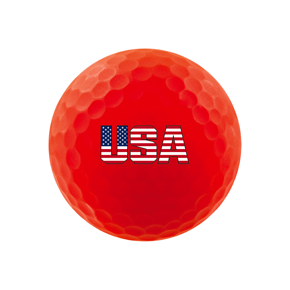Red golf ball with 'USA' text on a white background