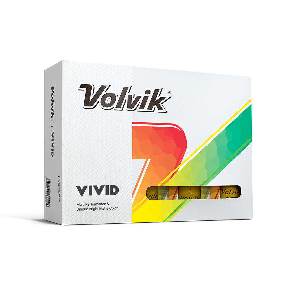 Volvik Vivid Yellow golf ball packaging on a white background
