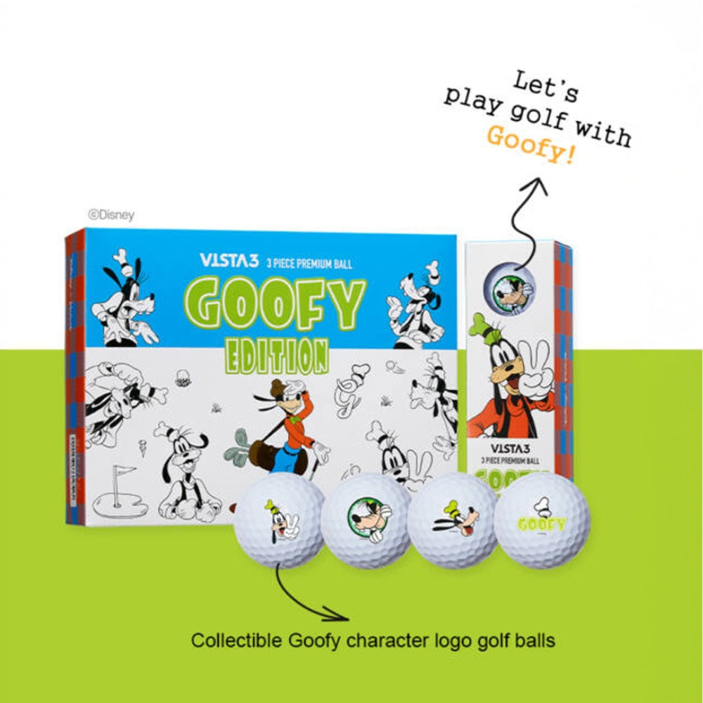 Box of Goofy-themed golf balls with Goofy character illustrations on a white and green background.