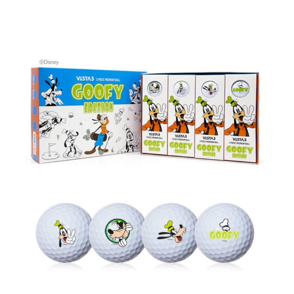A set of golf balls with Goofy artwork on the packaging, along with golf tees and a box.