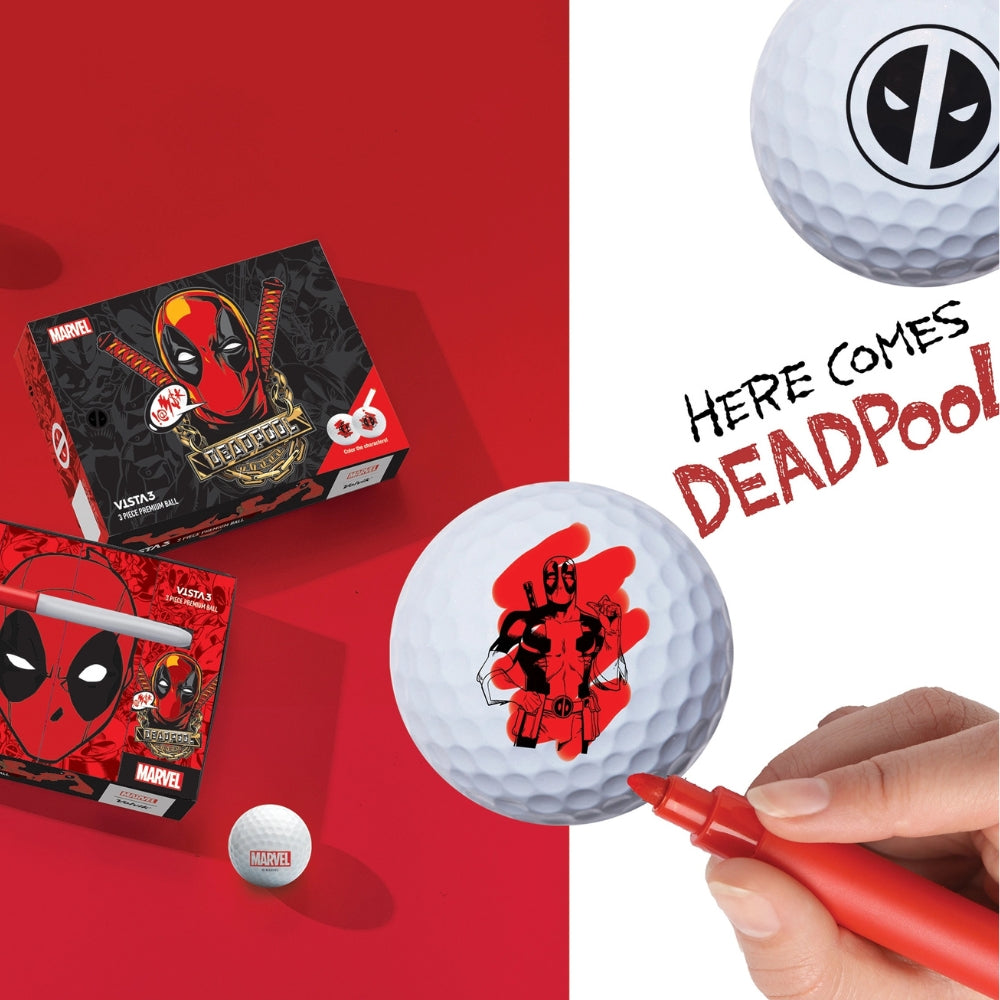 A collection of Marvel Deadpool themed golf balls with a colored marker, featuring Deadpool's iconic character design on the balls and packaging.