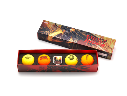 A gift set of golf balls with a Marvel Ghost Rider theme, including a box with the character artwork and the balls aligned in a red gift set