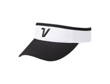 A black and white performance women's visor with a white band and a black cap.