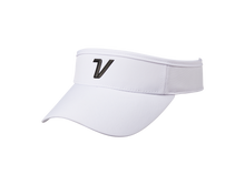 A black and white performance women's visor with a white band and a black cap.