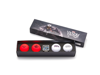 A set of golf balls with matte finish designs inspired by Marvel's Venom character, including a magnetic hat clip and a ball marker, packaged in a black box with a Venom design.