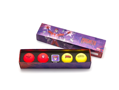 A set of four colorful golf balls with Marvel character, Magneto, packaged in a box with a magnetic hat clip marked with the Marvel logo.