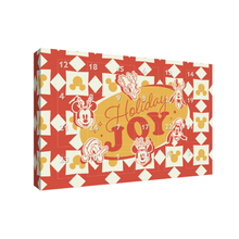 A Disney-themed holiday advent calendar box featuring red and cream star-and-diamond patterns, numbered compartments, and character illustrations including Mickey Mouse, Minnie Mouse, Donald Duck, Goofy, and Pluto. The front displays the words 'Holiday JOY' in red script over a yellow oval.