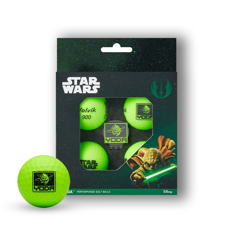 Star Wars Disney performance golf balls in a clear pack with one ball placed in front on a white background. The golf balls are bright neon yellow-green and feature varied black graphics.