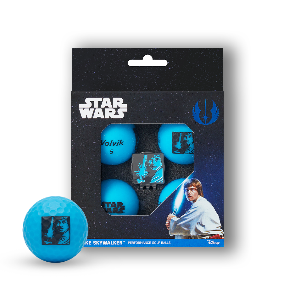 Star Wars Disney Luke Skywalker Performance Golf Balls set in its retail packaging, featuring blue golf balls with character graphics and a black speckled box with Star Wars and Disney branding.
