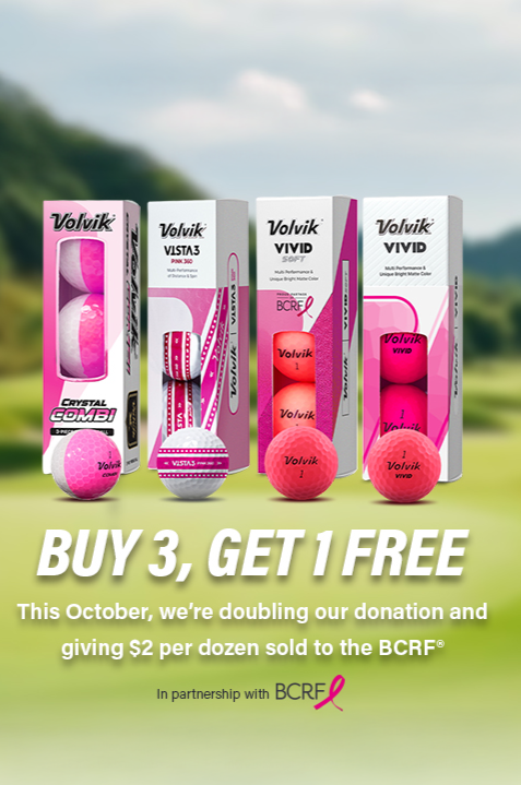Volvik golf balls packaging with promotional text on a blurred golf course background