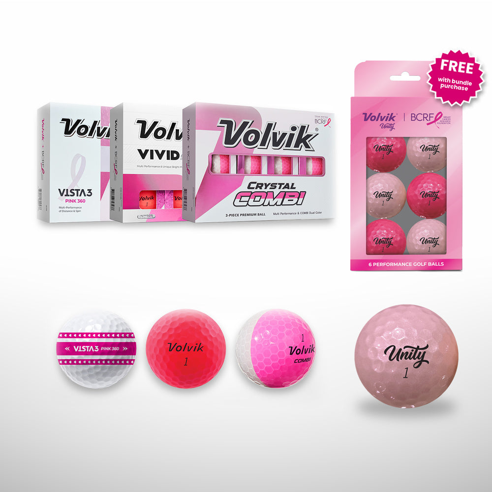 Volvik brand BCRF golf balls and packaging on a light gray background, including boxed Volvik VISTA3 and Crystal Combi balls, a pink Volvik BCRF Unity 6 ball pack with a free badge, and four loose golf balls in white, pink, and translucent pink.