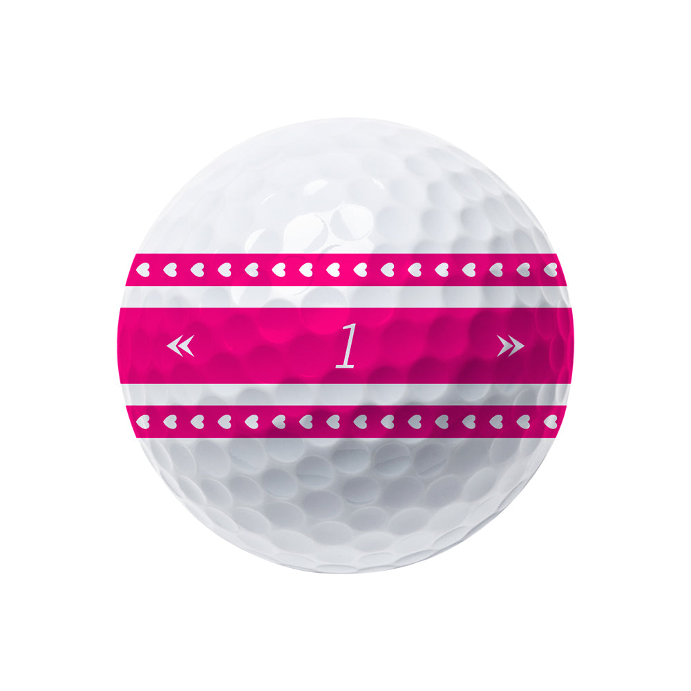 Volvik Vista3 360 BCRF edition golf ball with pink heart pattern and number 1 on a white background