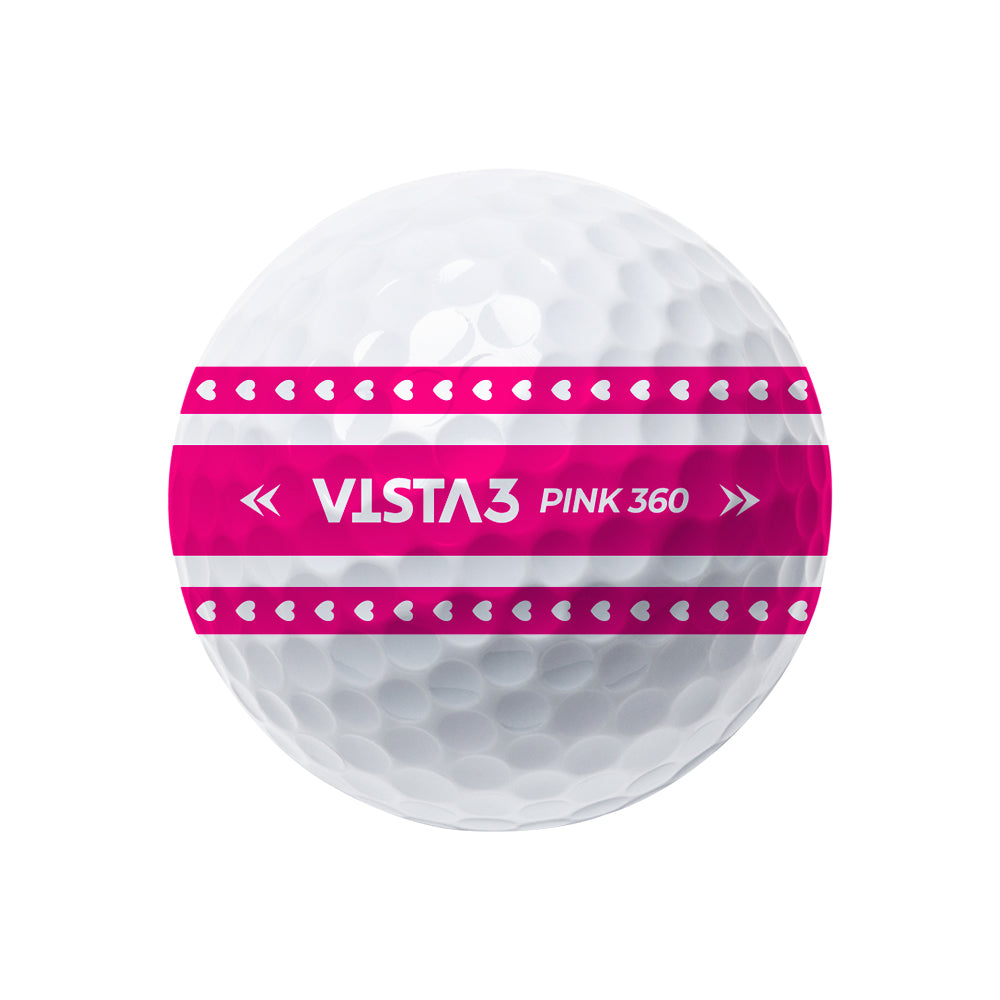 Volvik Vista3 360 BCRF edition golf ball with pink and white design on a white background