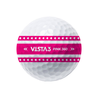 Volvik Vista3 360 BCRF edition golf ball with pink and white design on a white background