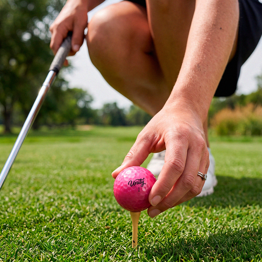 A close-up lifestyle shot of a golfer placing a pink Ping golf ball on a yellow tee on a green grass golf course, with the golfer's hands and legs visible.
