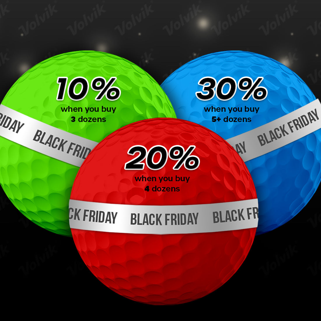 Three Volvik golf balls in green, red, and blue with Black Friday discount text on a dark background.