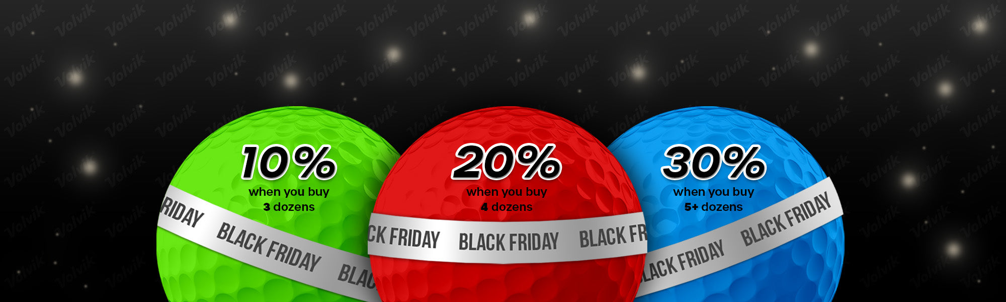 Three colorful Volvik balls with Black Friday discount labels on a dark background