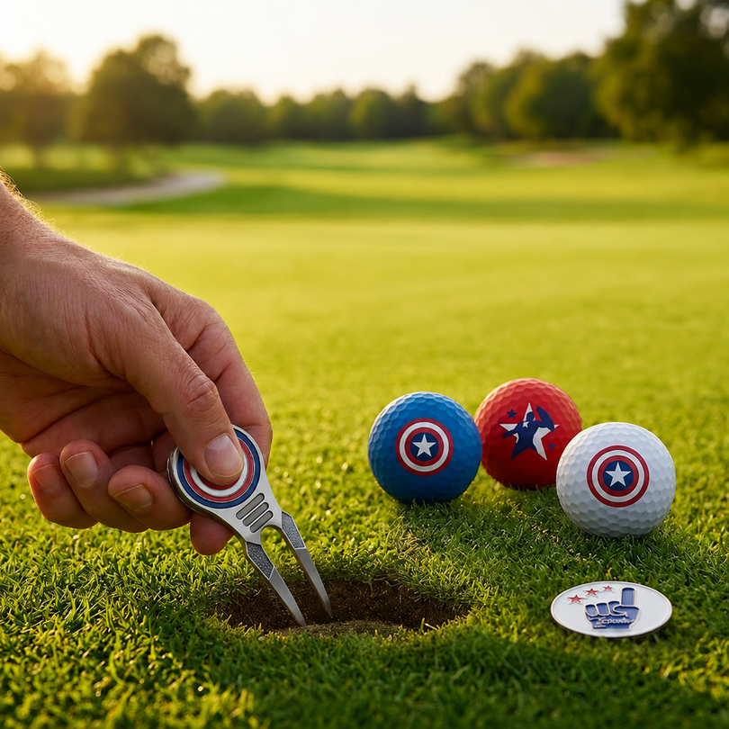 A close-up of a hand using a silver and blue golf divot tool to lift turf from a golf hole, with three Captain America-themed golf balls and a small branded coin or disc on the grass in the foreground, set against a blurred green golf course at sunset.