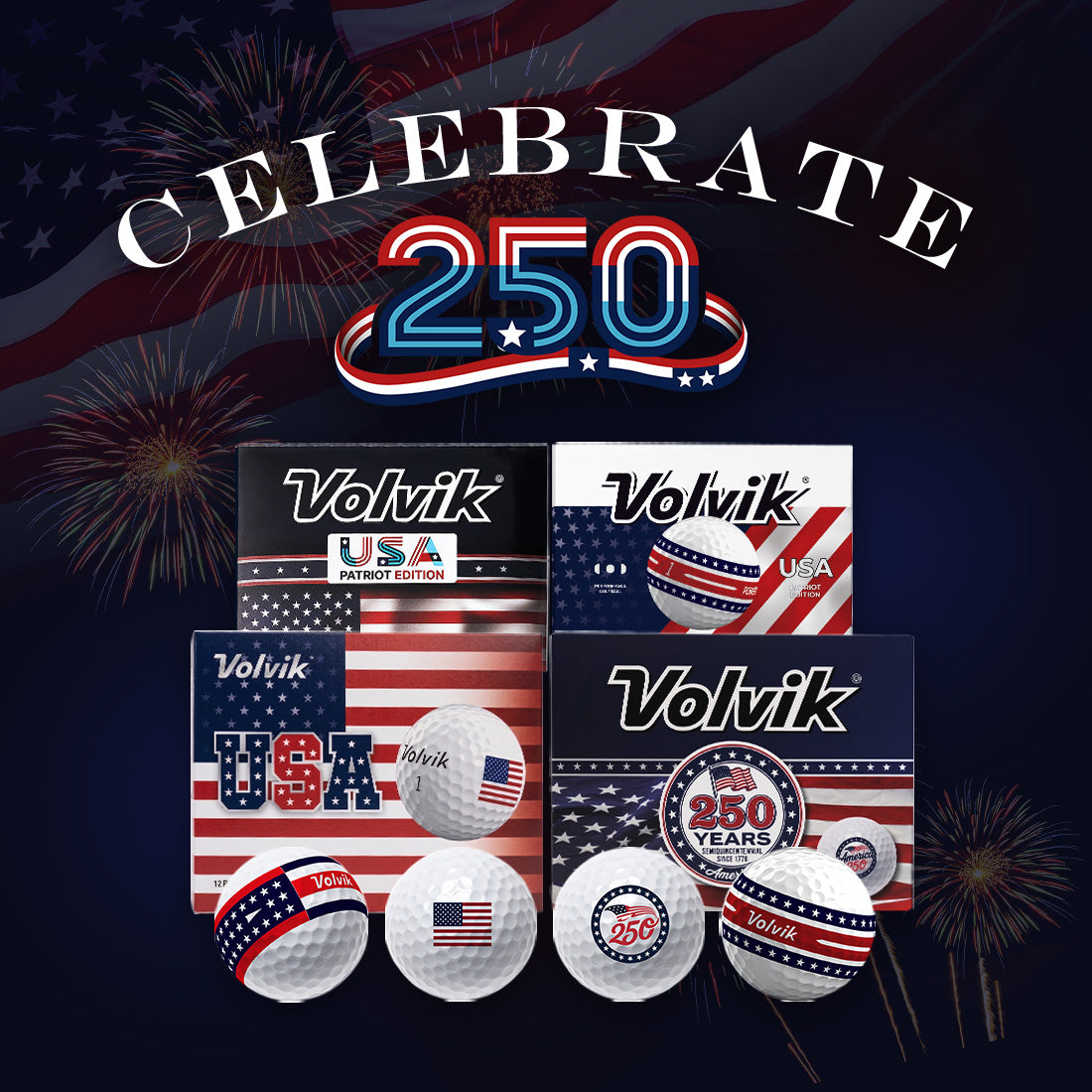 Volvik USA golf balls with American flag design on a dark background with fireworks and text 'Celebrate 250'.