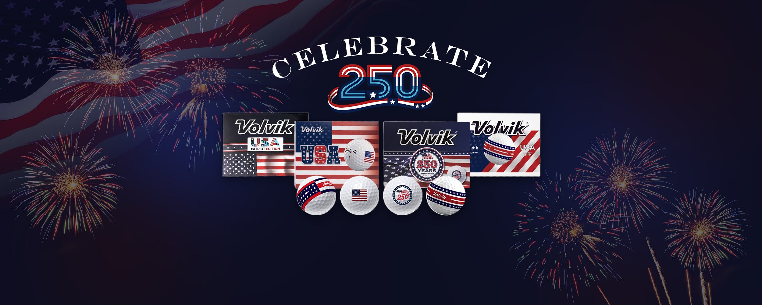 Volvik products with American flag design on a dark blue background with fireworks.