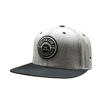 Gray and black cap with a logo on a white background
