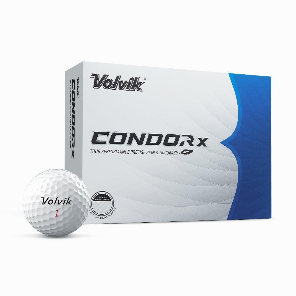 Volvik Condor X golf ball box with a golf ball in front on a white background