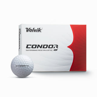 Golf ball and packaging with Volvik Condor branding on a white background