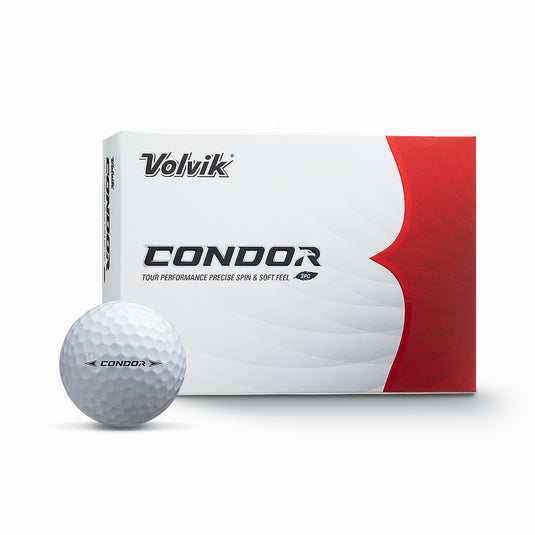 Golf ball and packaging with Volvik Condor branding on a white background