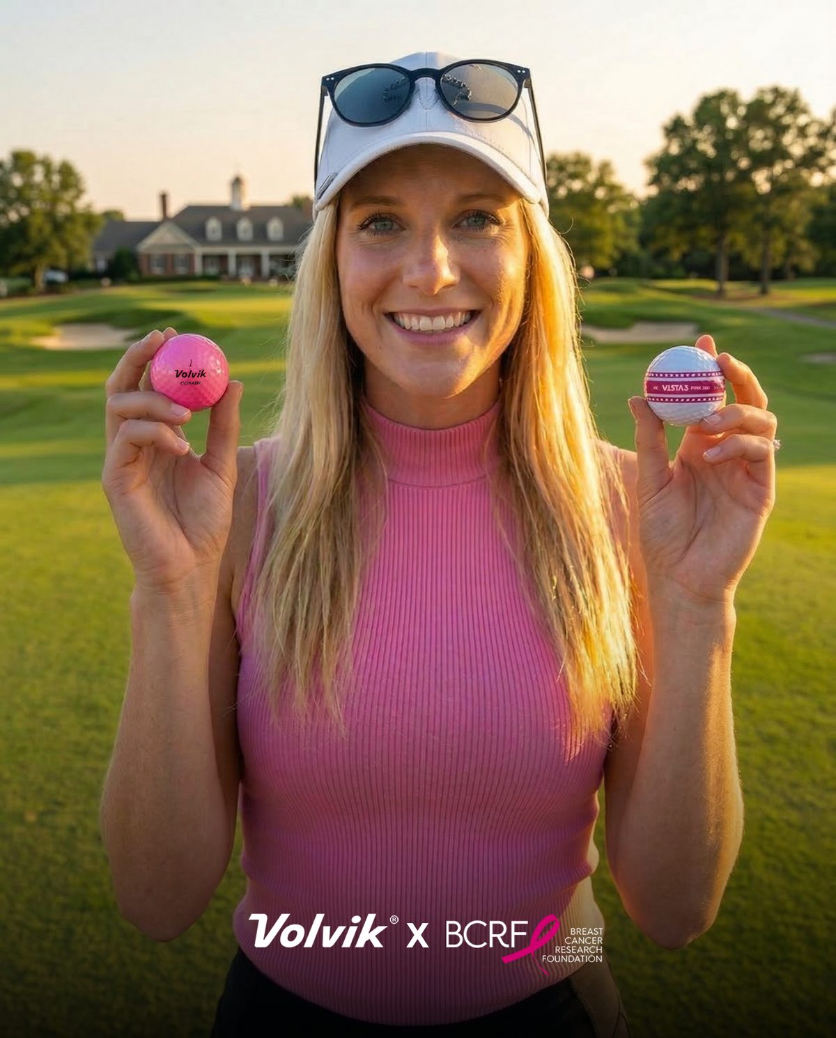 Woman holding two golf balls on a golf course with 'Volvik' and 'BCRF' logos.