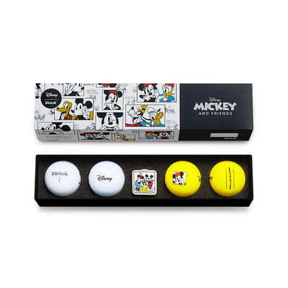 Set of golf balls with Mickey & Friends design in a Volvik gift set on a white background