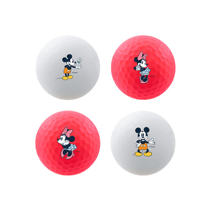 Four golf balls with Mickey & Minnie Mouse cartoon characters on a white background