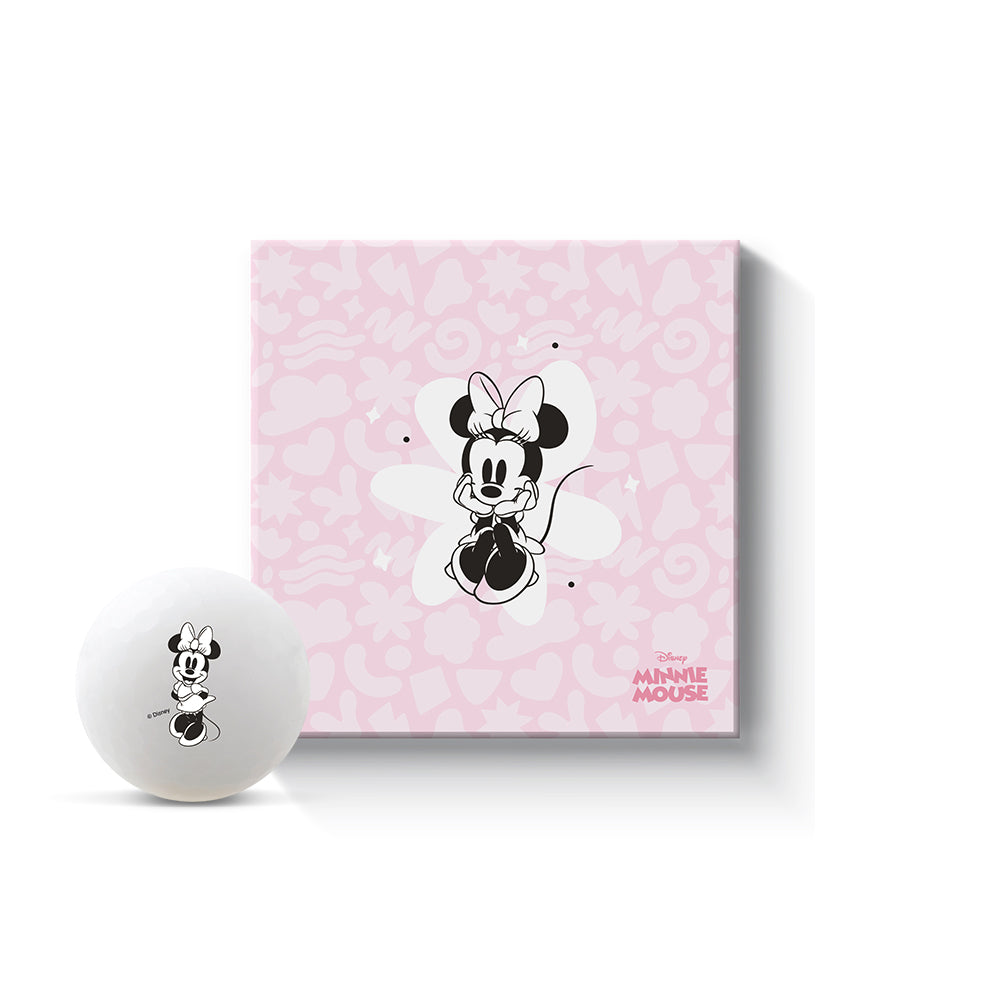 Minnie Mouse-themed product with a pink box and white sphere on a white background