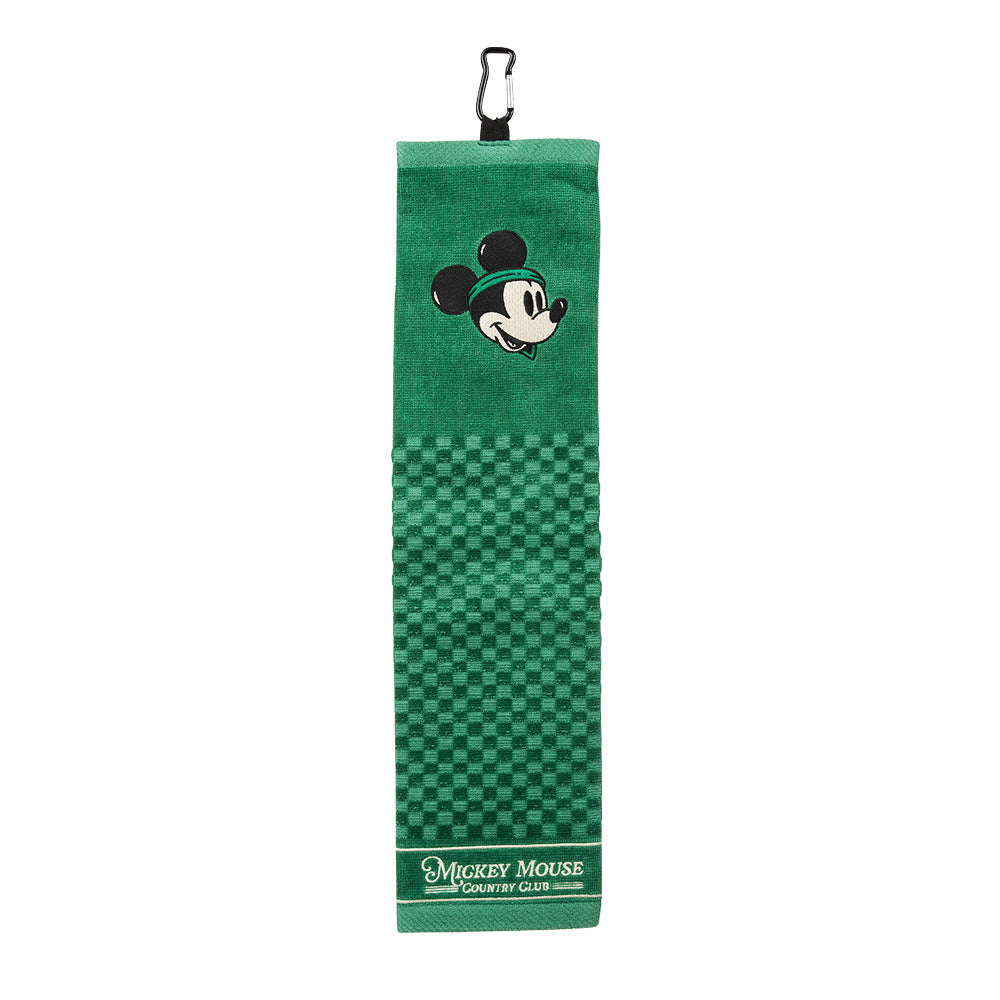 A green Mickey Mouse golf towel with a black carabiner clip at the top, featuring a Mickey Mouse head graphic and a green checkered pattern on a white background.