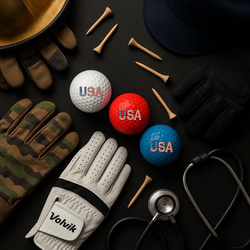 volvik golf balls with 'USA' logo, golf glove, tees, and a stethoscope on a dark surface
