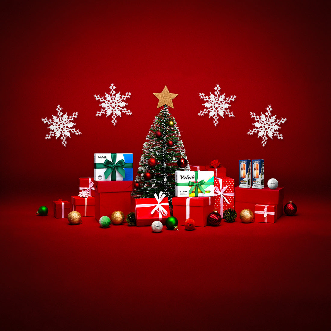Decorative Christmas scene with a tree, Volvik presents, and snowflakes on a red background