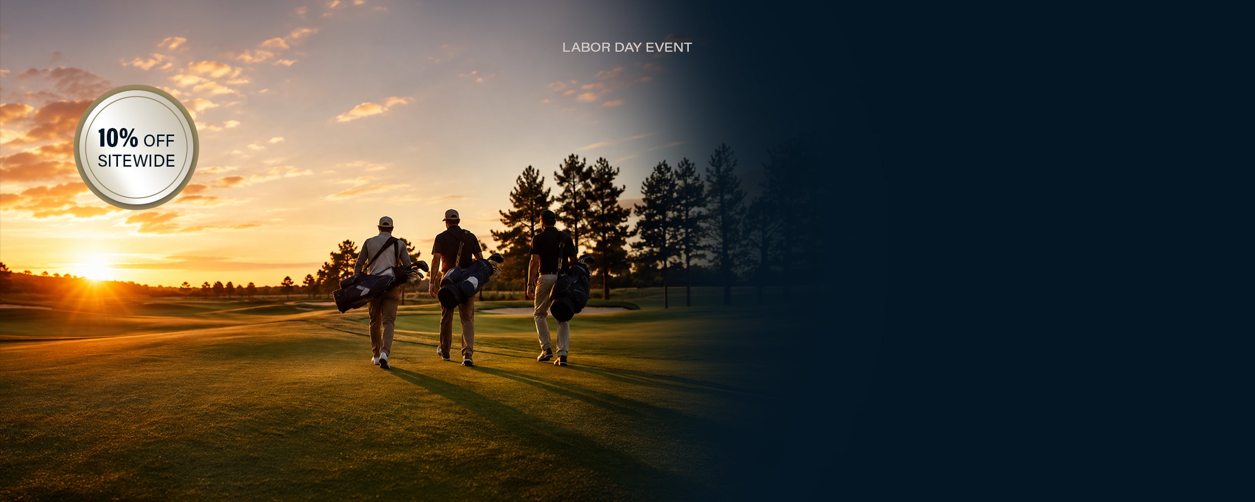 Labor Day promotional banner featuring three golf caddies walking across a golf course at sunset, with a dark navy blue overlay on the right side and a circular badge offering 10% off sitewide.