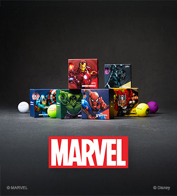 Marvel-themed product packaging with superhero characters on a dark background, featuring the Marvel logo.