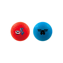 Red and blue golf balls with Captain America design and brand logo on a white background